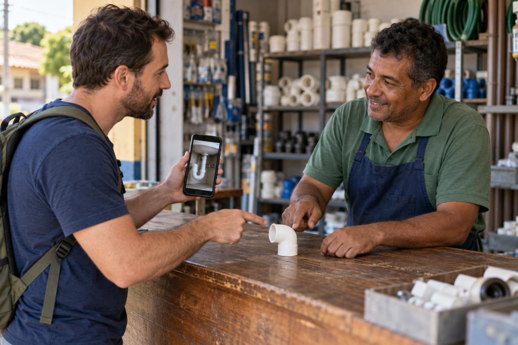 Illustration of a customer using a photo and gestures to ask a shopkeeper for a plumbing part